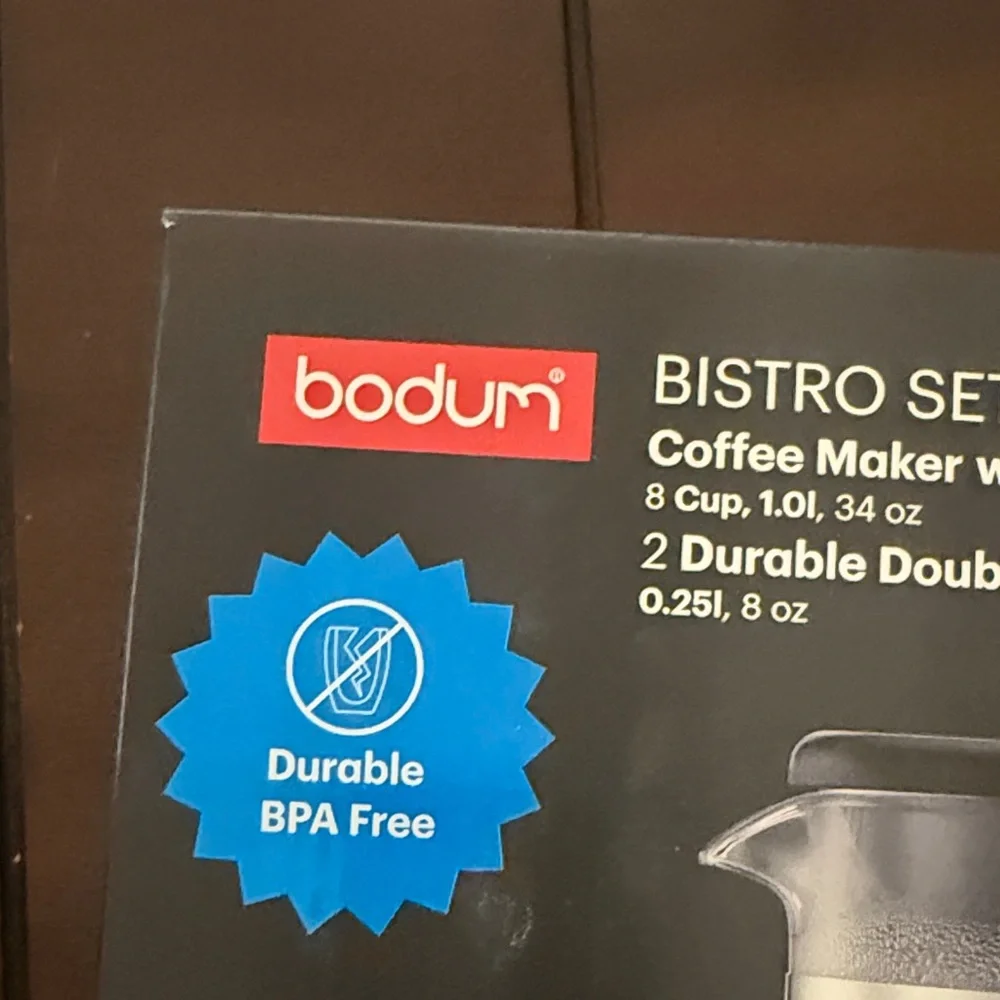 New in Box Bodum Bistro Set with Black Coffee Maker and Tumblers
